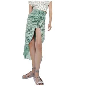 Zara Linen Blend Mint & Brown Dot Rouched Side High Slit Midi Skirt Size Medium